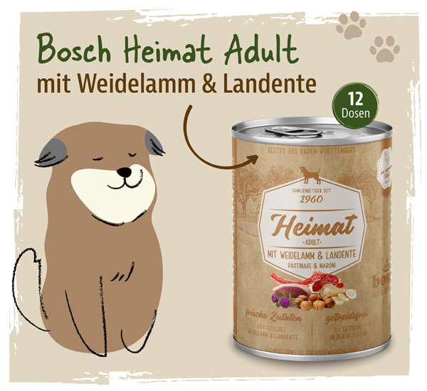 12er-Pack Bosch Heimat Dose Adult Weidelamm & Landente 400g