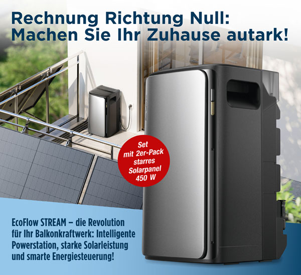  EcoFlow STREAM Ultra 1.920 Wh mit 2er-Pack EcoFlow 450 W starres Solarpanel 